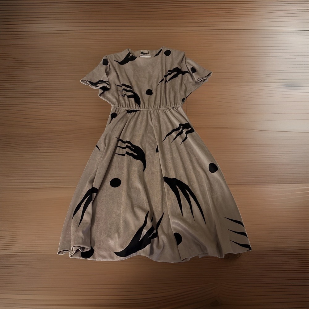 Vintage 80s J F Abstract Claw Dot Print Midi Dress Tan Large A-Line Made In USA